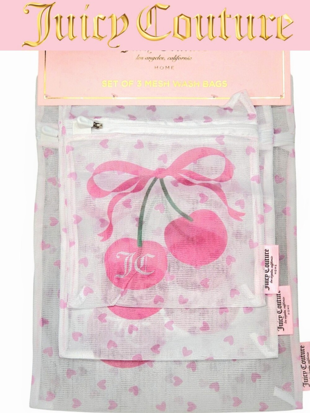 Juicy Couture Home Set Of 3 JC Logo Cherry Hearts Mesh Wash Bags